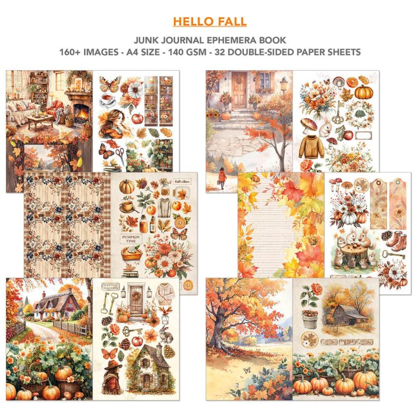 Ciao Bella - Designpapier & Stanzteile "Hello Fall" Junk Journal Ephemera Book A4 - 32 Bogen