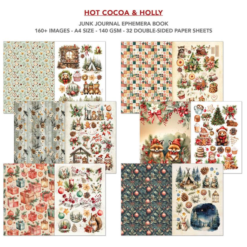 Ciao Bella - Designpapier & Stanzteile "Hot Cocoa & Holly" Junk Journal Ephemera Book A4 - 32 Bogen