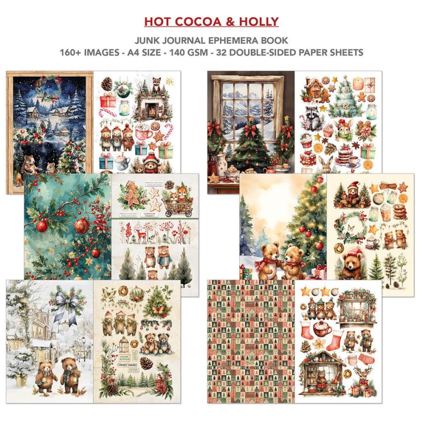 Ciao Bella - Designpapier & Stanzteile "Hot Cocoa & Holly" Junk Journal Ephemera Book A4 - 32 Bogen