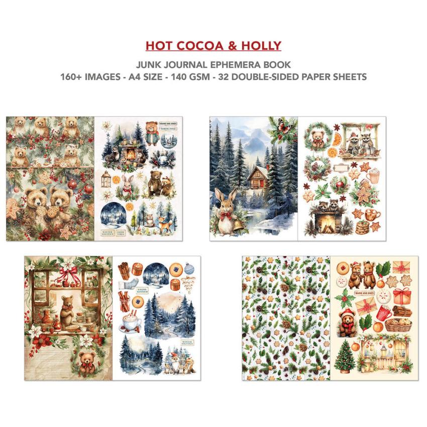 Ciao Bella - Designpapier & Stanzteile "Hot Cocoa & Holly" Junk Journal Ephemera Book A4 - 32 Bogen