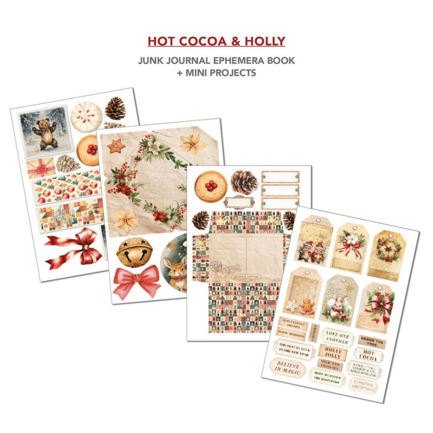 Ciao Bella - Designpapier & Stanzteile "Hot Cocoa & Holly" Junk Journal Ephemera Book A4 - 32 Bogen