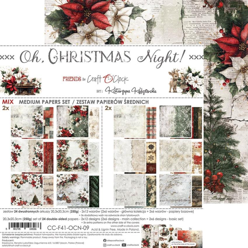 Craft OClock - Designpapier "Oh Christmas Night" Medium Paper Pack 8x8 Inch - 24 Bogen
