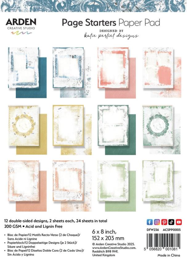 Arden Creative Studio - Designpapier "Page Starters" Paper Pack 6x8 Inch - 12 Bogen
