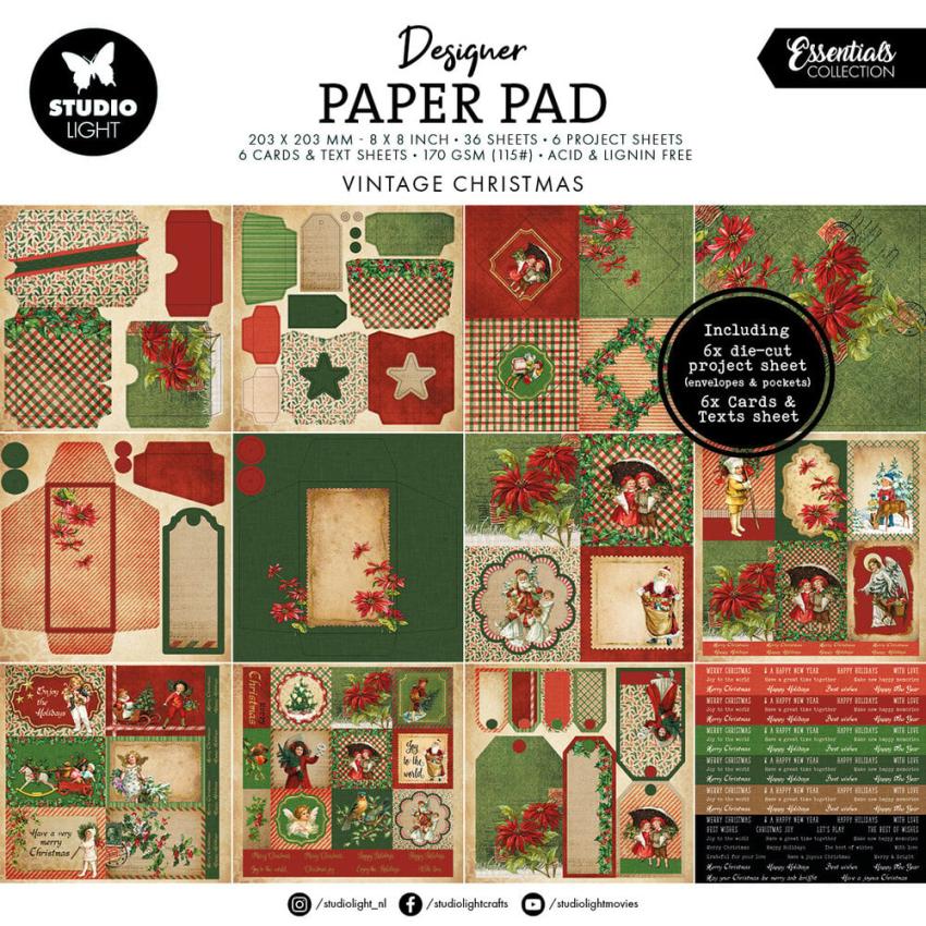 Studio Light - Designpapier "Vintage Christmas" Mixed Paper Pad 8x8 Inch - 36 Bogen