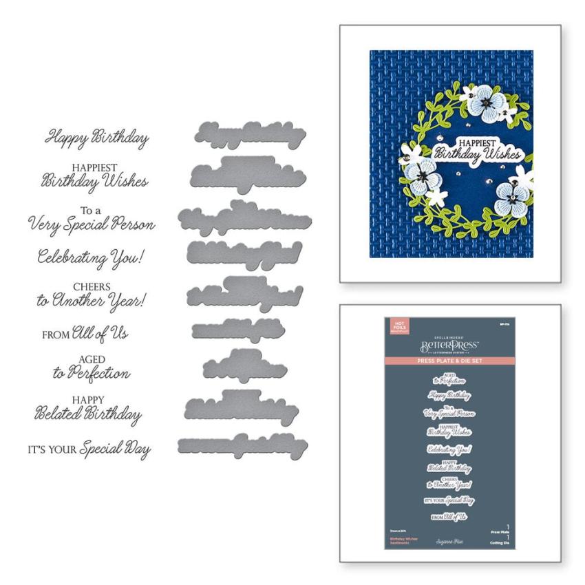 Spellbinders - Buchdrucktechnik "Birthday Wishes Sentiments" BetterPress Plate & Dies