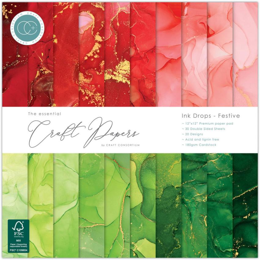 Craft Consortium - Designpapier "Ink Drops Festive" Paper Pad 12x12 Inch - 30 Bogen