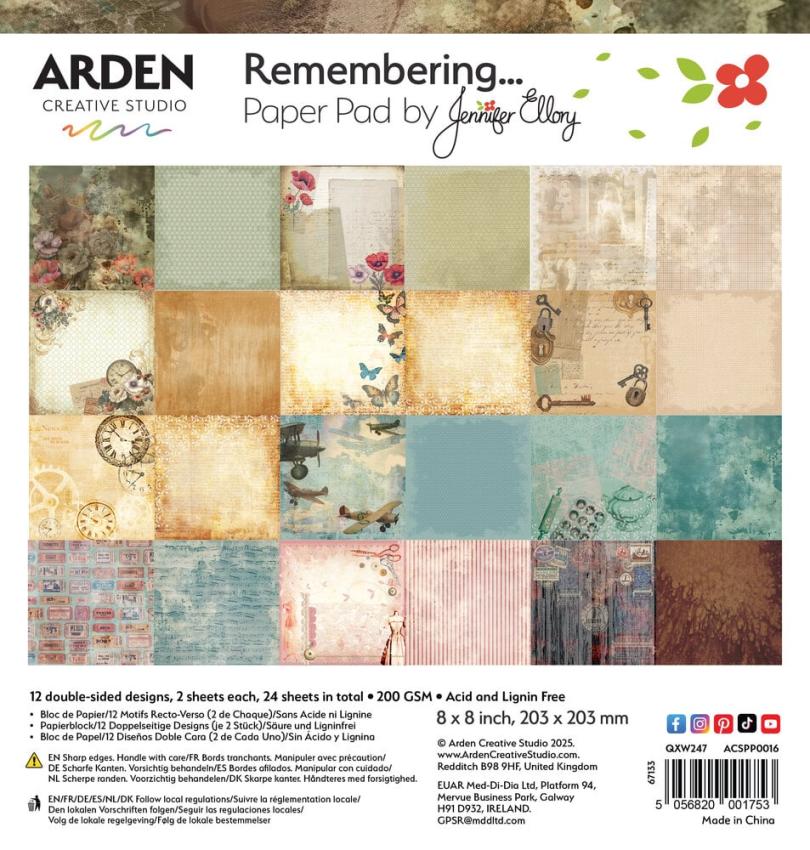 Arden Creative Studio - Designpapier "Remembering..." Paper Pack 8x8 Inch - 12 Bogen