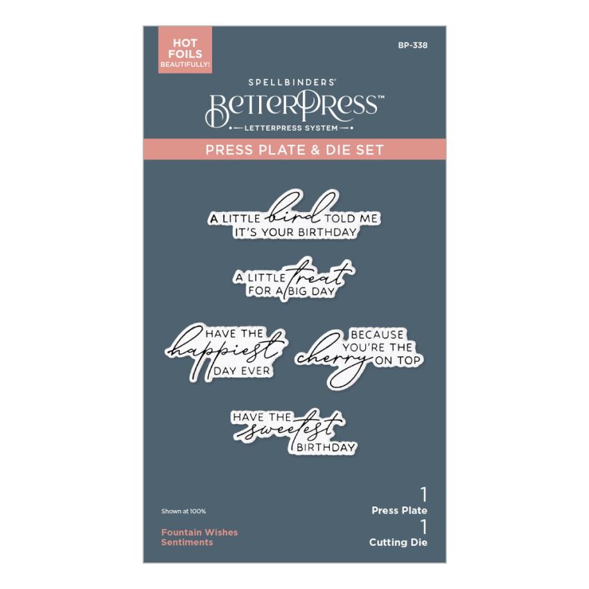 Spellbinders - Buchdrucktechnik "Fountain Wishes Sentiments" BetterPress Plate & Dies