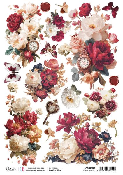 Ciao Bella - Decopatch Papier "Floral Scarlett" Rice Paper A4 - 5 Bogen