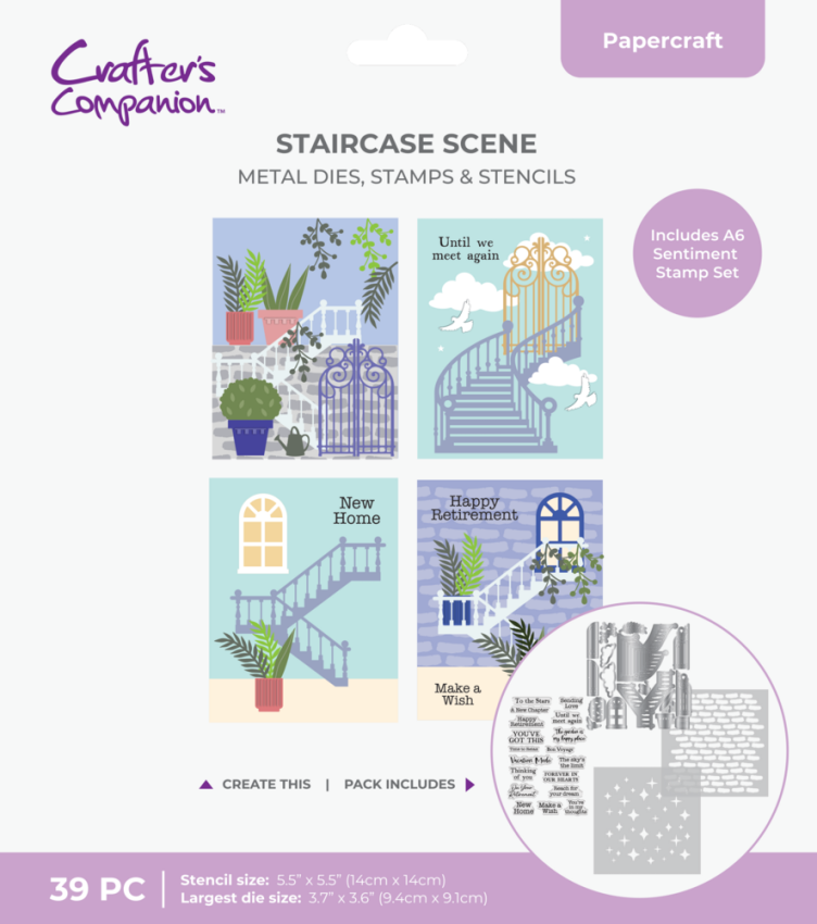 Crafters Companion - Stempelset, Stanzschablone & Schablone "Staircase Scene" Stamp, Dies & Stencil