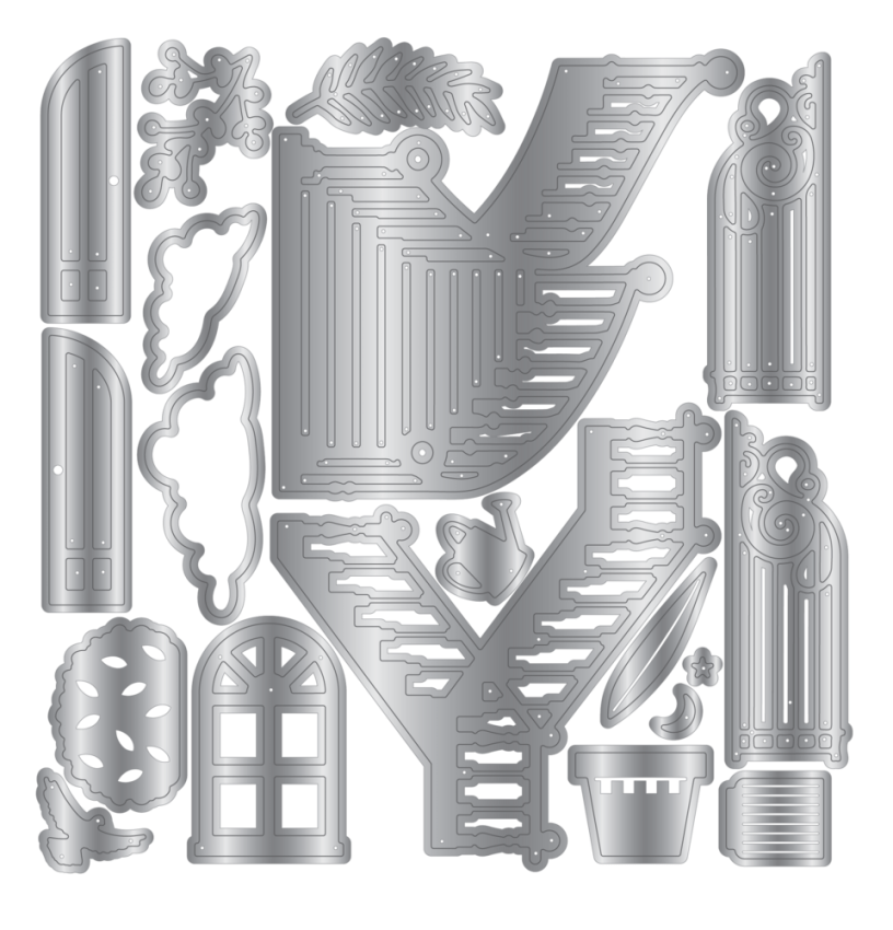 Crafters Companion - Stempelset, Stanzschablone & Schablone "Staircase Scene" Stamp, Dies & Stencil