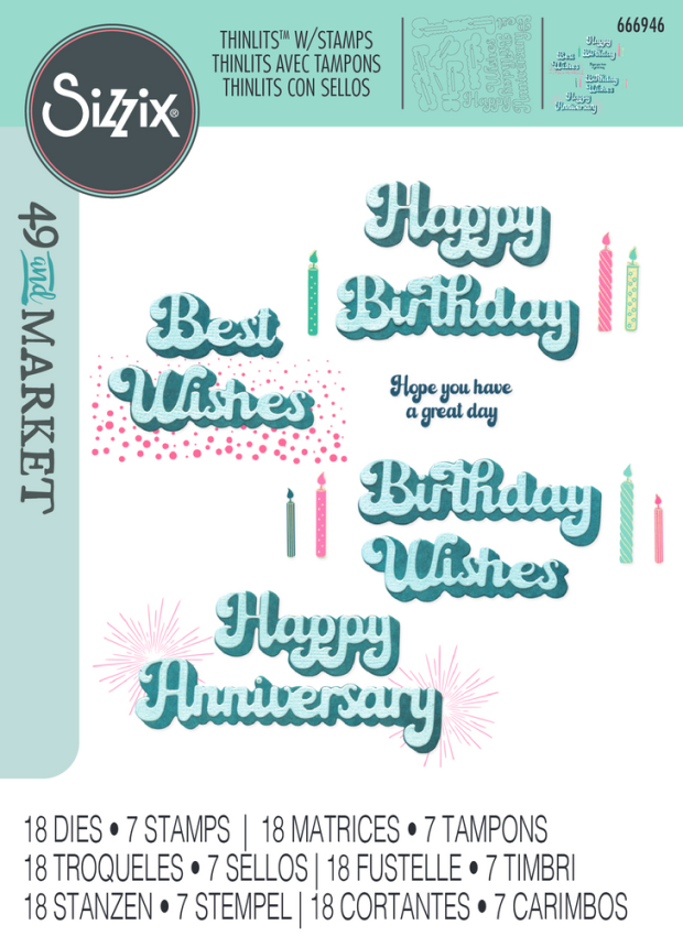 Sizzix - Stanzschablone & Stempelset "Birthday Wishes" Thinlits Craft Dies & Clear Stamps by 49 and Market