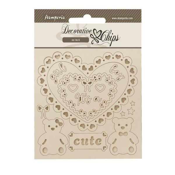 Stamperia - Holzteile 14x14 cm "Heart and Bears" Decorative Chips