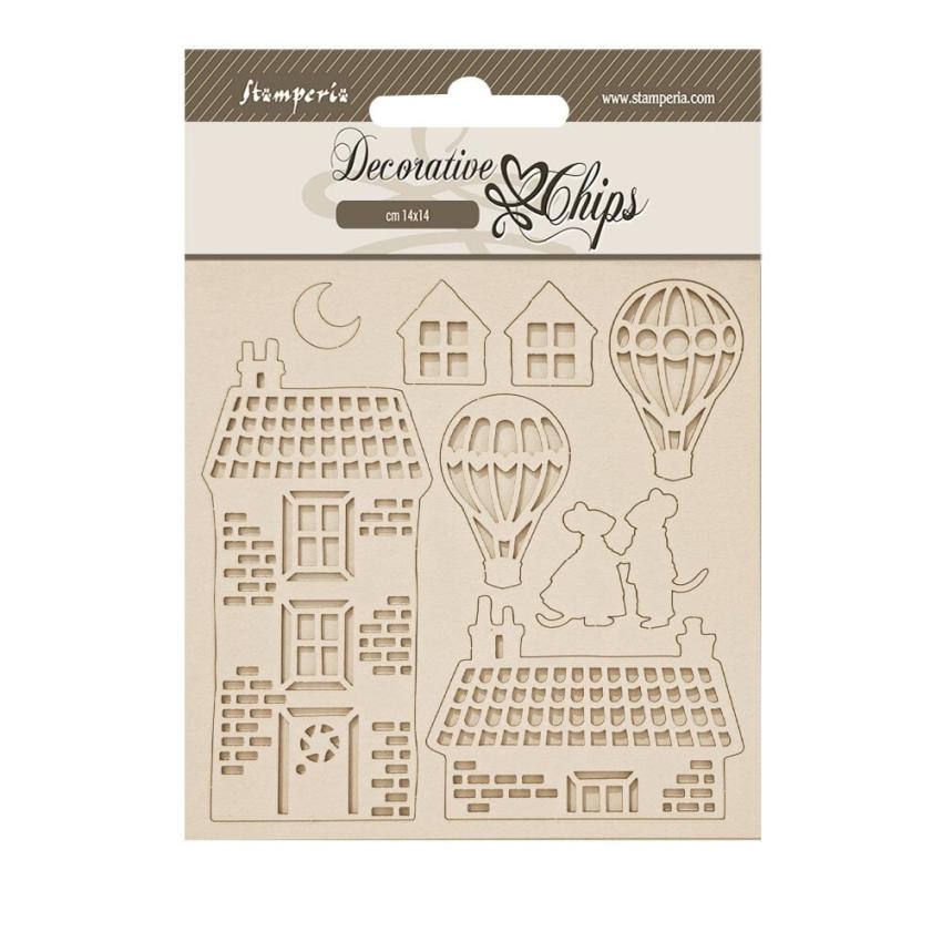 Stamperia - Holzteile 14x14 cm "House and Balloons" Decorative Chips