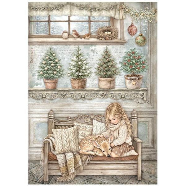 Stamperia - Decopatch Papier "White Christmas Little Girl and a Fawn by Cristina Radovan" Decoupage A4 - 6 Bogen  