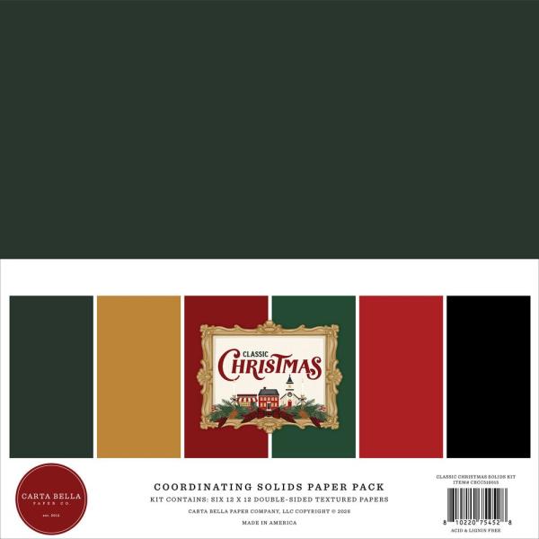 Carta Bella - Cardstock "Classic Christmas" Coordinating Solids Paper Pack 12x12 Inch - 6 Bogen