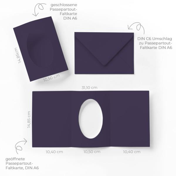 Passepartoutkarte mit ovalem Ausschnitt und Briefumschlag, DIN C6 in aubergine