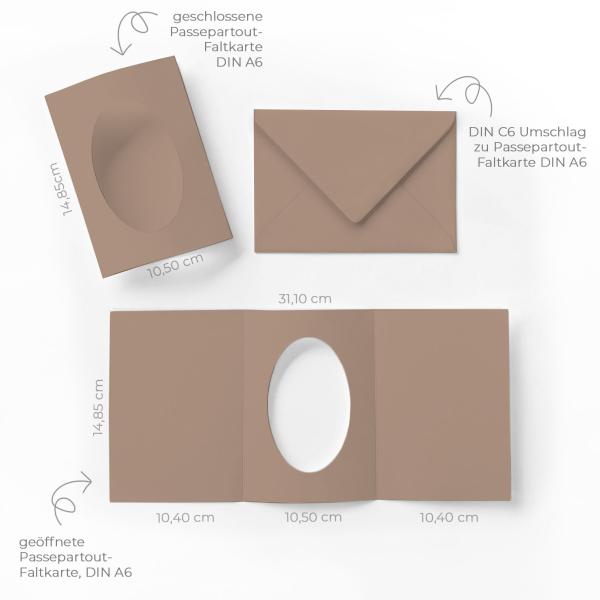 Passepartoutkarte mit ovalem Ausschnitt und Briefumschlag, DIN C6 in taupe
