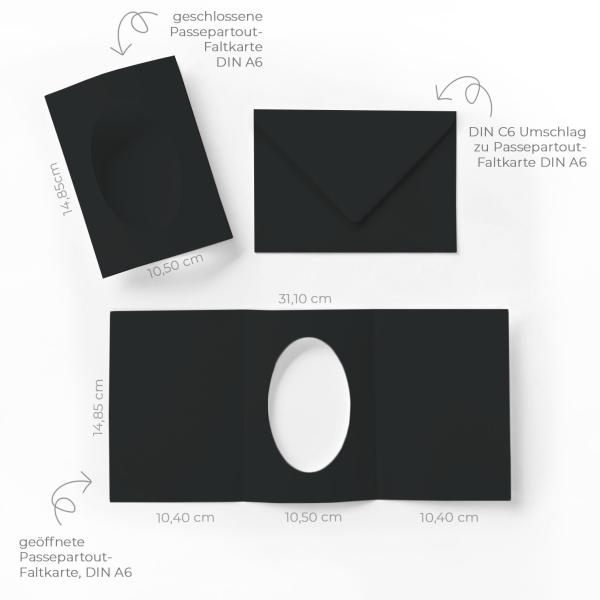 Passepartoutkarte mit ovalem Ausschnitt und Briefumschlag, DIN C6 in schwarz
