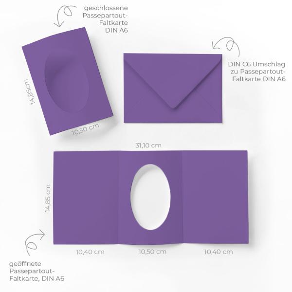 Passepartoutkarte mit ovalem Ausschnitt und Briefumschlag, DIN C6 in violett
