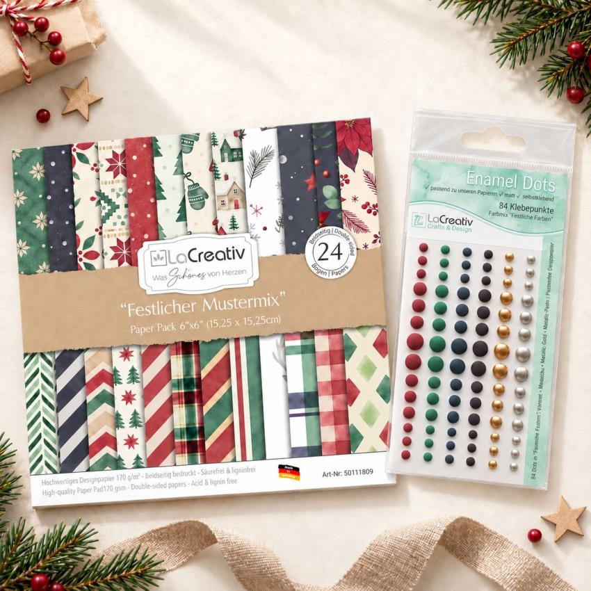 LaCreativ Bundle „Festliche Farben“ – Designpapier 6×6″ & Enamel Dots „Festliche Farben“