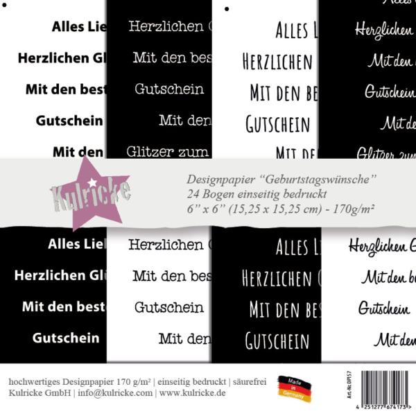 Kulricke Designpapier - "Geburtstagswünsche"  Paper Pack 6" 170g/m² - 24 Bogen