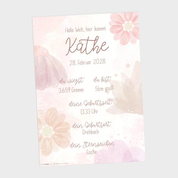 Geburtsposter "Blumentraum" | Geburtstafel | Geburtsdaten | Geburtsbild | Geburt Geschenk