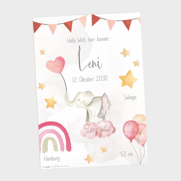 Geburtsposter "Elefant 1" | Geburtstafel | Geburtsdaten | Geburtsbild | Geburt Geschenk