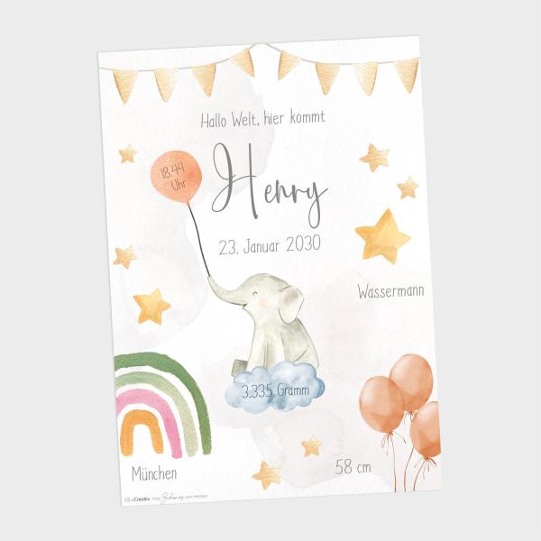 Geburtsposter "Elefant 2" | Geburtstafel | Geburtsdaten | Geburtsbild | Geburt Geschenk