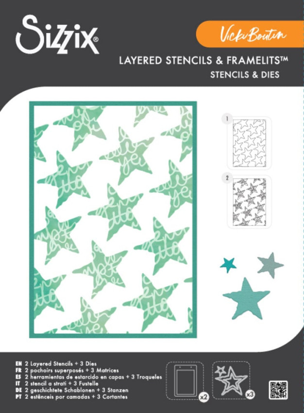 Sizzix - Schablone & Stanzen "Script Layering Stars" Stencil & Framelits Die - by Vicki Boutin