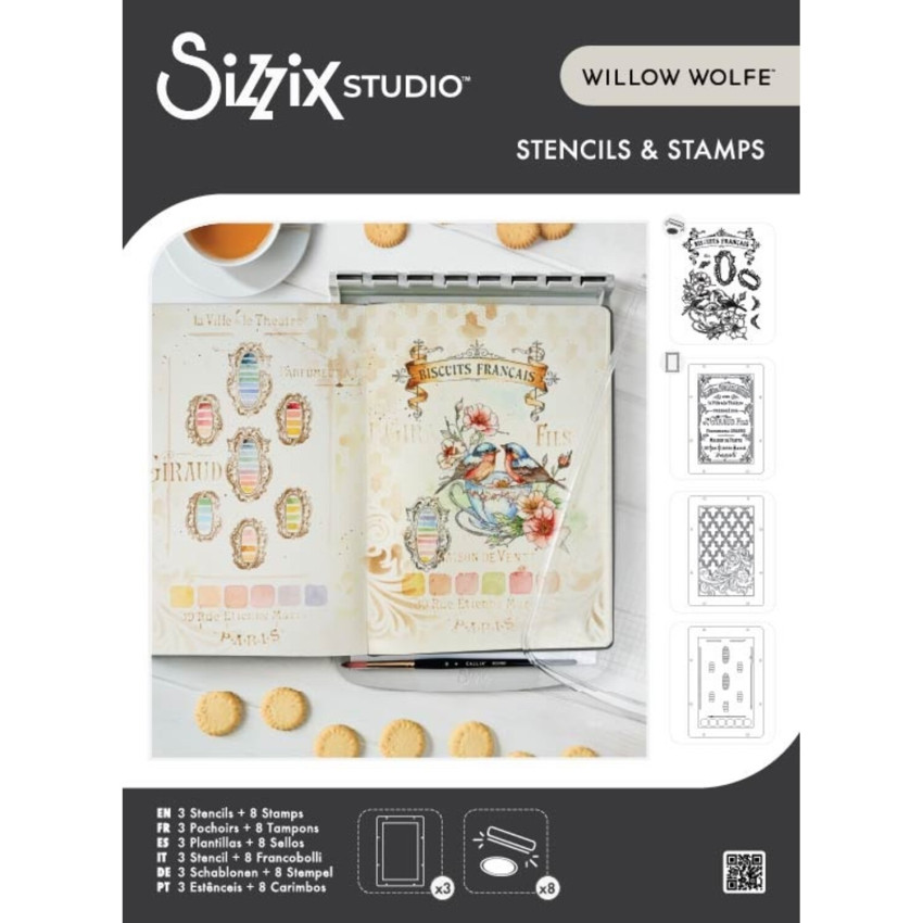 Sizzix - Schablone & Stempelset "Birds and Biscuits" Stencil & Clear Stamps by Willow Wolfe