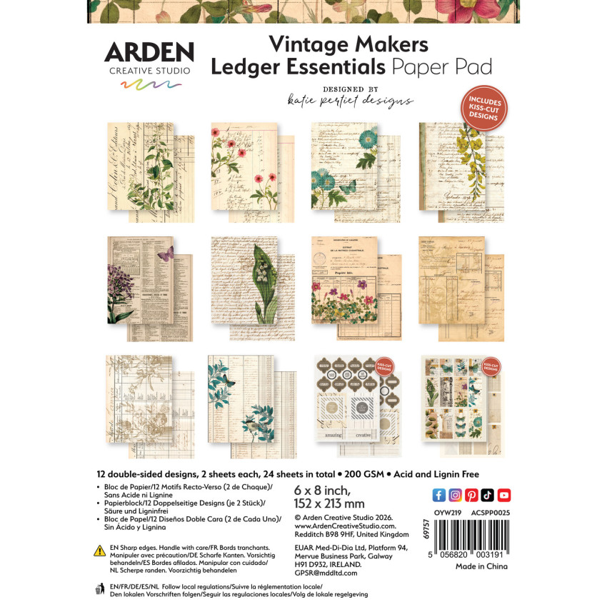 Arden Creative Studio - Designpapier "Vintage Makers Ledger Essentials" Katie Pertiet Paper Pack 6x8 Inch - 12 Bogen