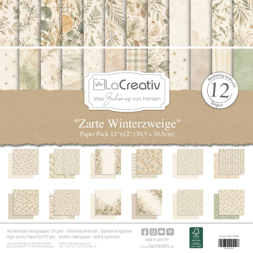LaCreativ - Designpapier "Zarte Winterzweige" Paper Pack 12x12" - 12 Bogen