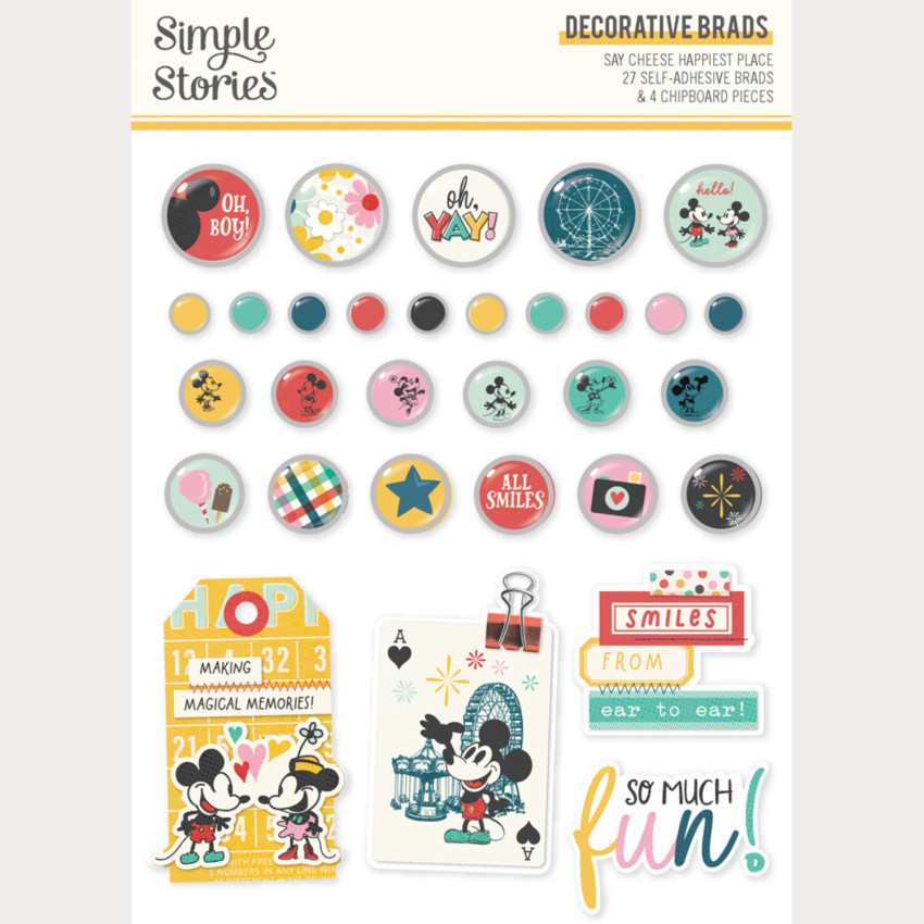 Simple Stories - Decorative Brads "Say Cheese Happiest Place"