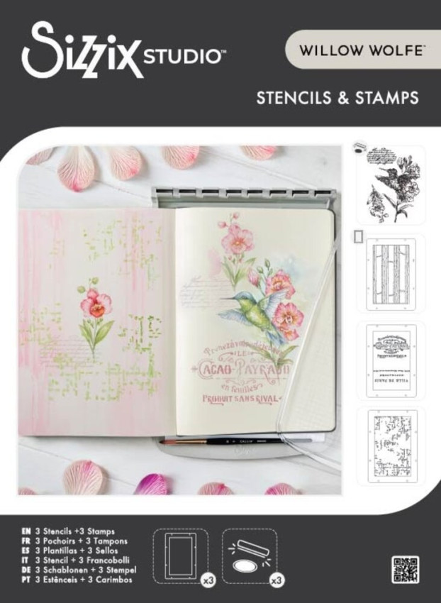 Sizzix - Schablone & Stempelset "Hummingbird and Orchids" Stencil & Clear Stamps by Willow Wolfe